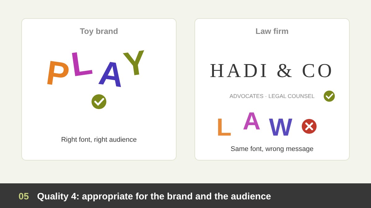 Appropriate logo design: the same playful font that suits a kids toy brand looks wrong for a law firm, which needs a calm serif