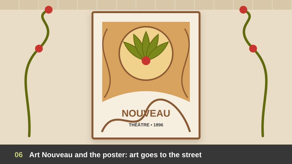 Art Nouveau poster design: a tall poster frame with whiplash curves, a stylised flower and decorative lettering on a city wall