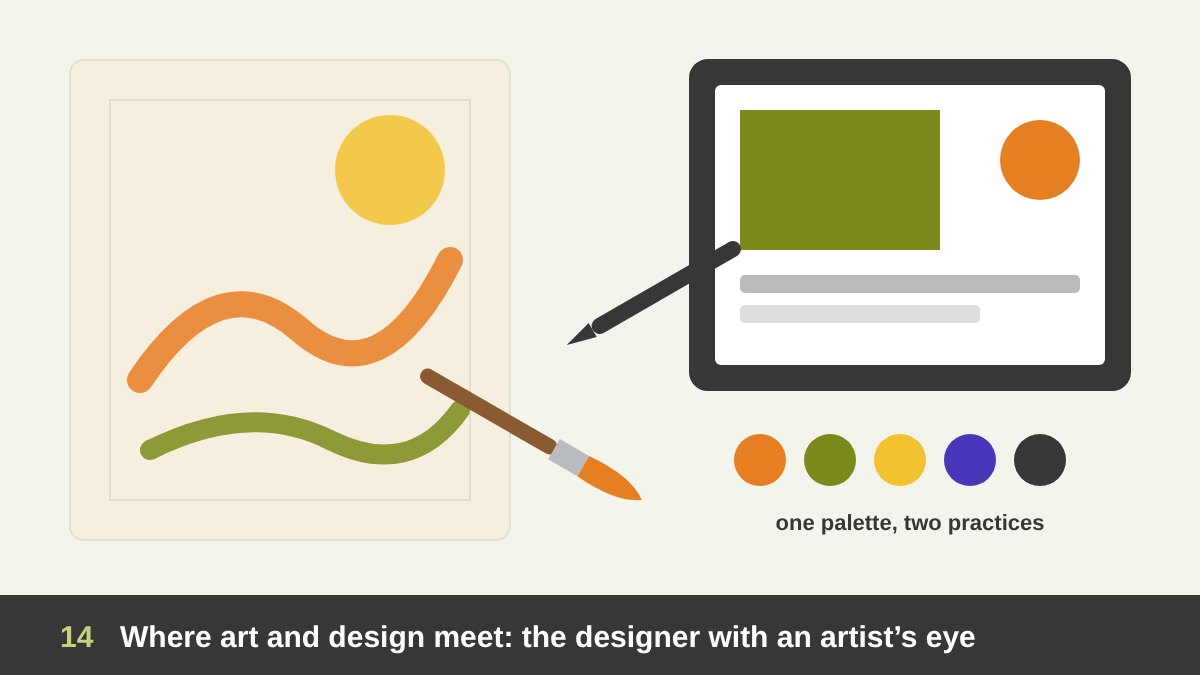 Where art and design meet: a paintbrush and a stylus crossing to form one tool, with a sketchbook and a screen sharing the same colour palette