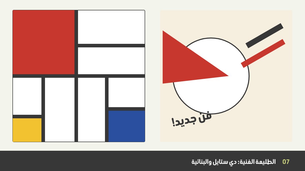 الفن والتصميم في الطليعة الفنية: تكوين بروح دي ستايل من مساحات بالألوان الأساسية وخطوط سوداء، بجانب إسفين أحمر بنائي وحروف مائلة