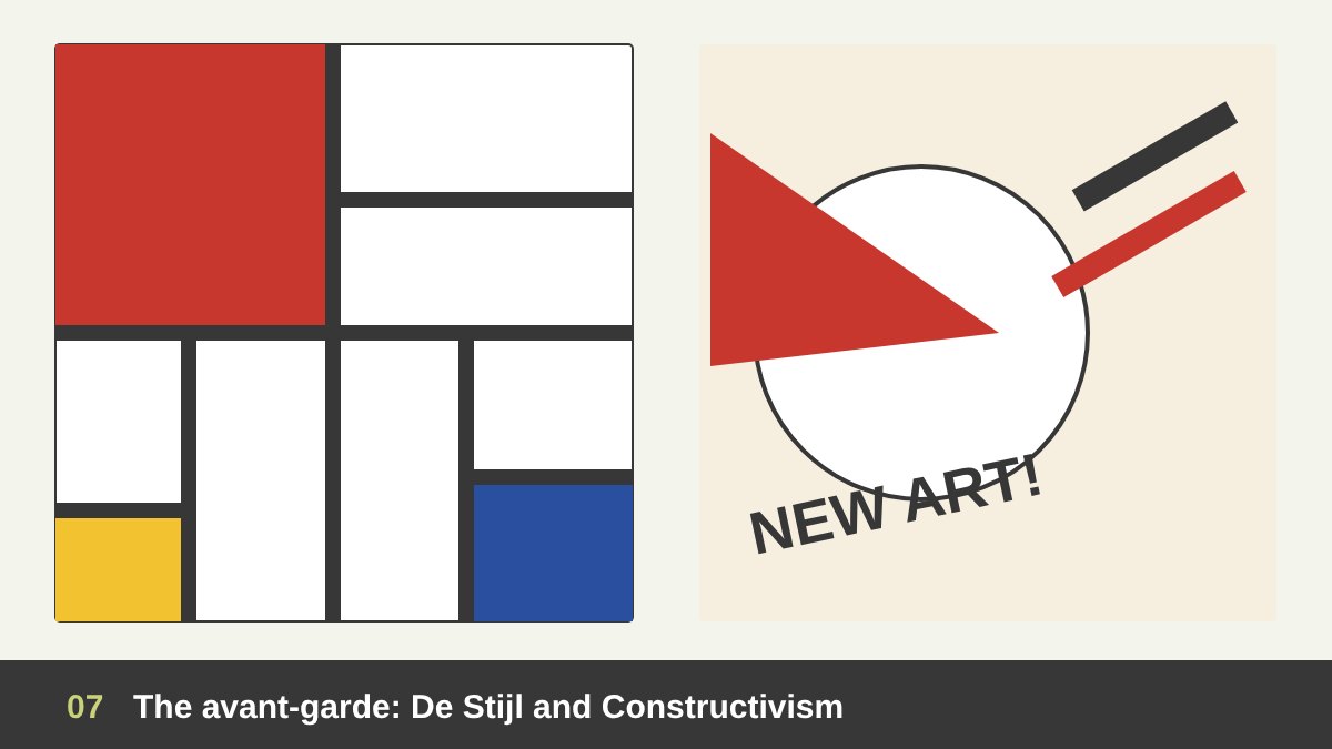 Avant-garde art and design: a De Stijl-like composition of primary colour blocks and black lines next to a Constructivist red wedge and diagonal type