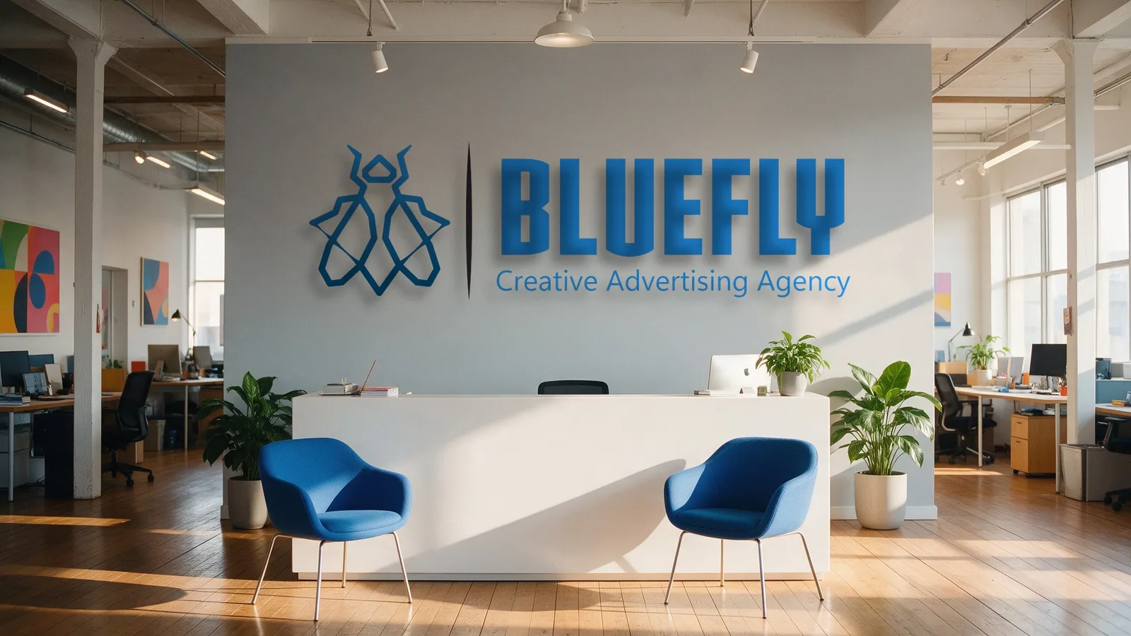 BlueFly logo design: Mockup, reception wall sign