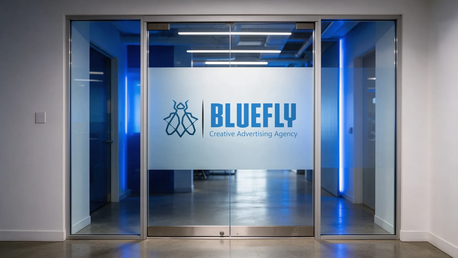 BlueFly logo design: Mockup, glass office door