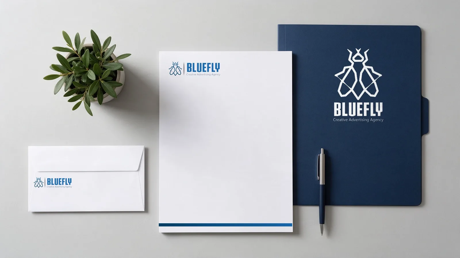 BlueFly logo design: Mockup, stationery