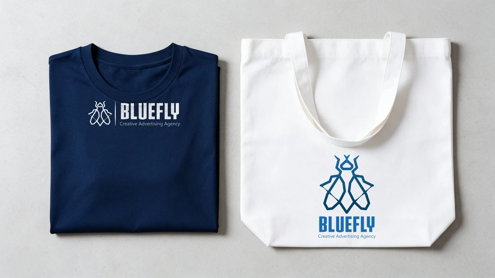 BlueFly logo design: Mockup, t-shirt and tote bag