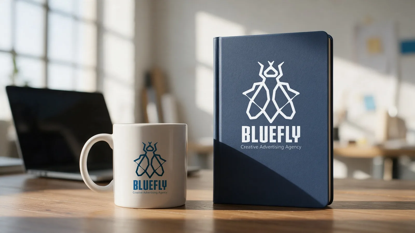 BlueFly logo design: Mockup, mug and notebook