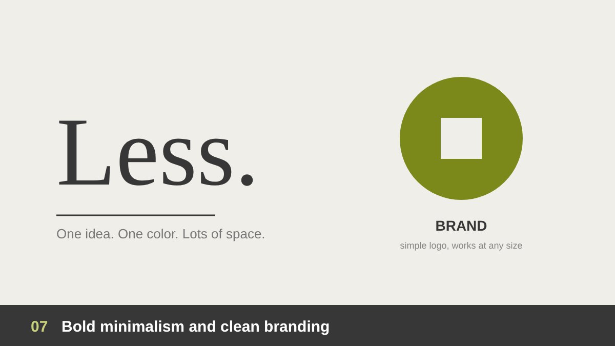 Bold minimalism trend 2026: clean layout with lots of white space, one strong color and a simple logo
