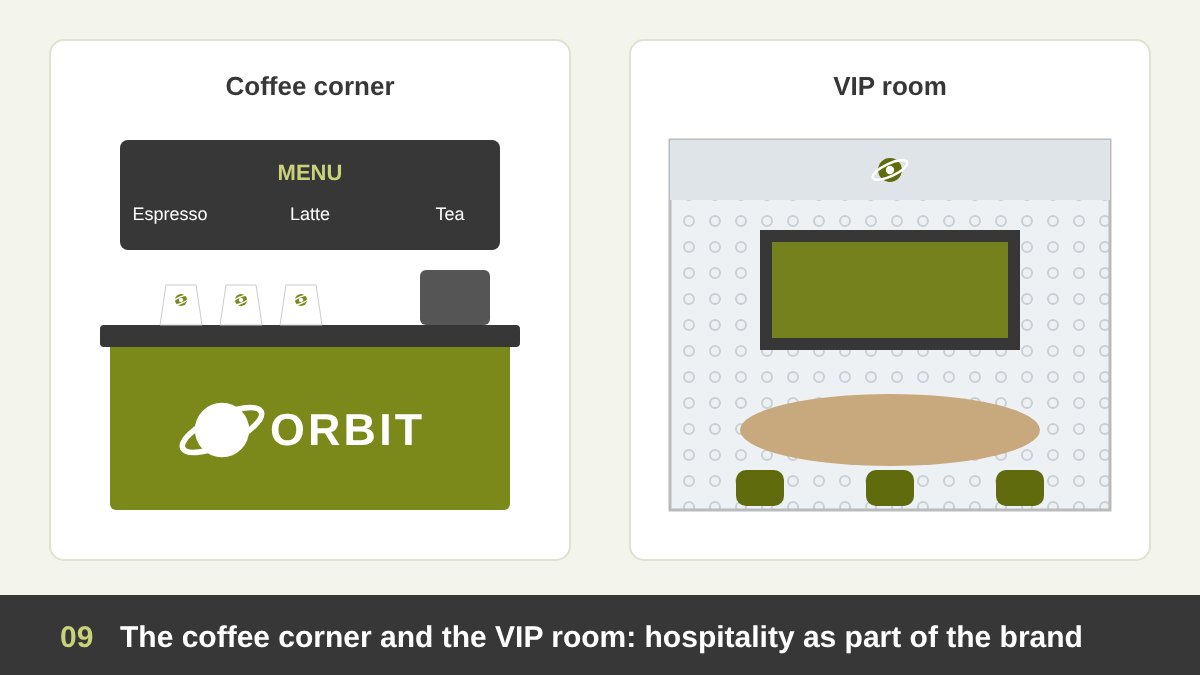 Booth hospitality: a branded coffee corner with a counter and menu, and a private VIP room with frosted glass graphics, a meeting table and a screen