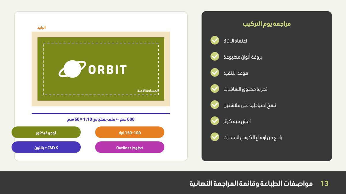 مواصفات طباعة البوث: المقياس، والريزولوشن، والبليد، والألوان CMYK وبانتون، والخامات، وتسمية الملفات، مع قائمة مراجعة ليوم التركيب