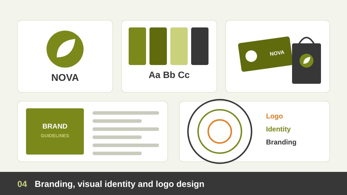 A brand identity board: a logo mark, a colour palette, a typeface sample, a business card, a shopping bag and a brand guidelines book