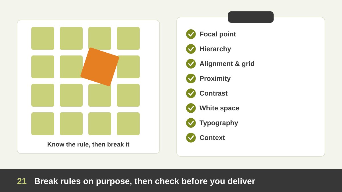 A tidy grid of squares with one square deliberately rotated and breaking out of the grid, next to a clipboard checklist of design principles with ticks