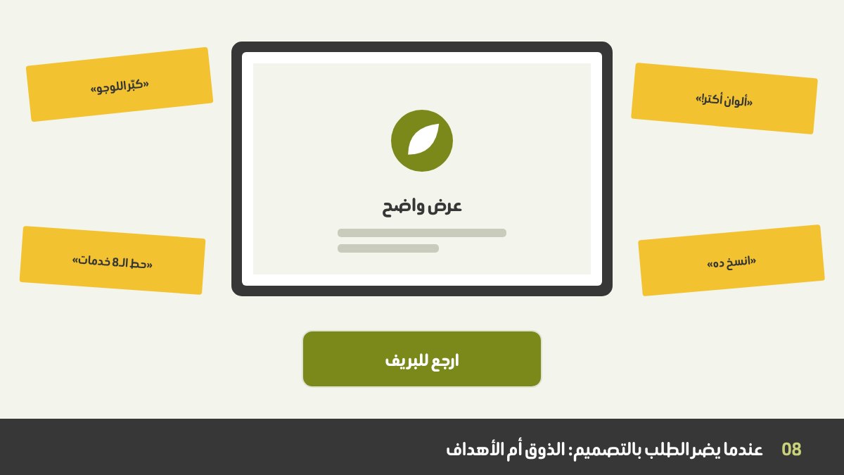 تصميم على شاشة حوله ملاحظات العميل: كبّر اللوجو، وزوّد الألوان، وانسخ هذا المنافس، بينما يشير المصمم إلى البريف