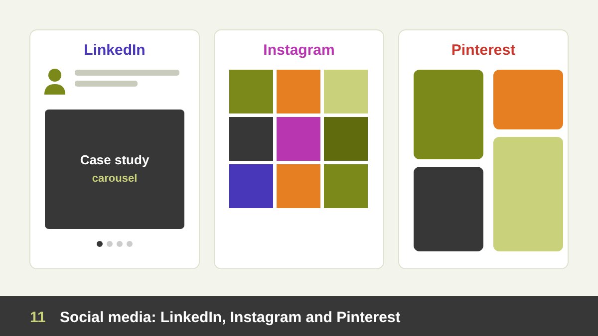 Social media for designers: a LinkedIn post with a case-study carousel, an Instagram grid of square designs and a Pinterest board of vertical pins