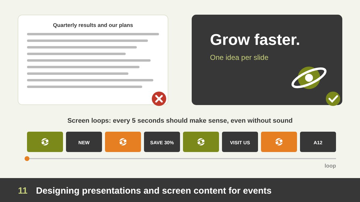 Event presentation design: a slide with too much small text crossed out next to a clear slide with a big headline, one visual and high contrast