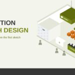 Exhibition booth design: an isometric booth with a hanging logo header, LED wall, stage seating, coffee corner and VIP room