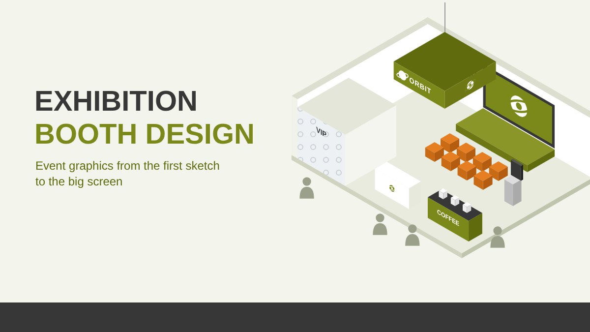 Exhibition booth design: an isometric booth with a hanging logo header, LED wall, stage seating, coffee corner and VIP room
