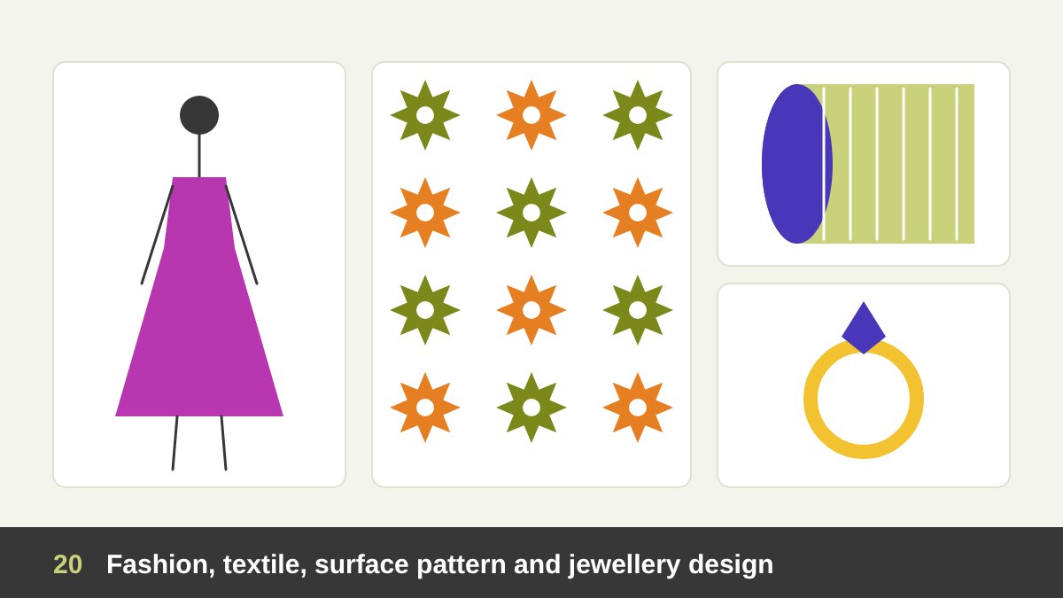 Fashion and textile design: a fashion sketch of a figure in a dress, a repeating textile pattern swatch, a fabric roll and a ring design