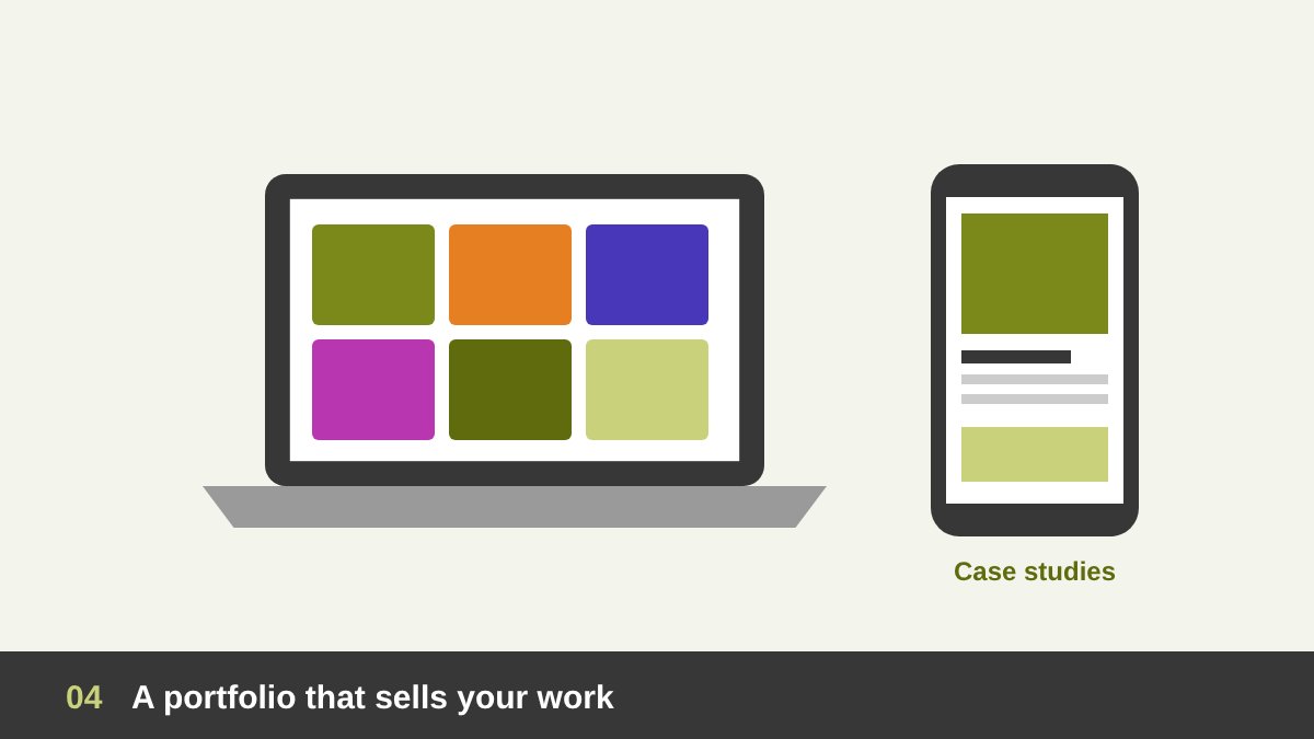 Freelance graphic designer portfolio on laptop and phone with case study projects