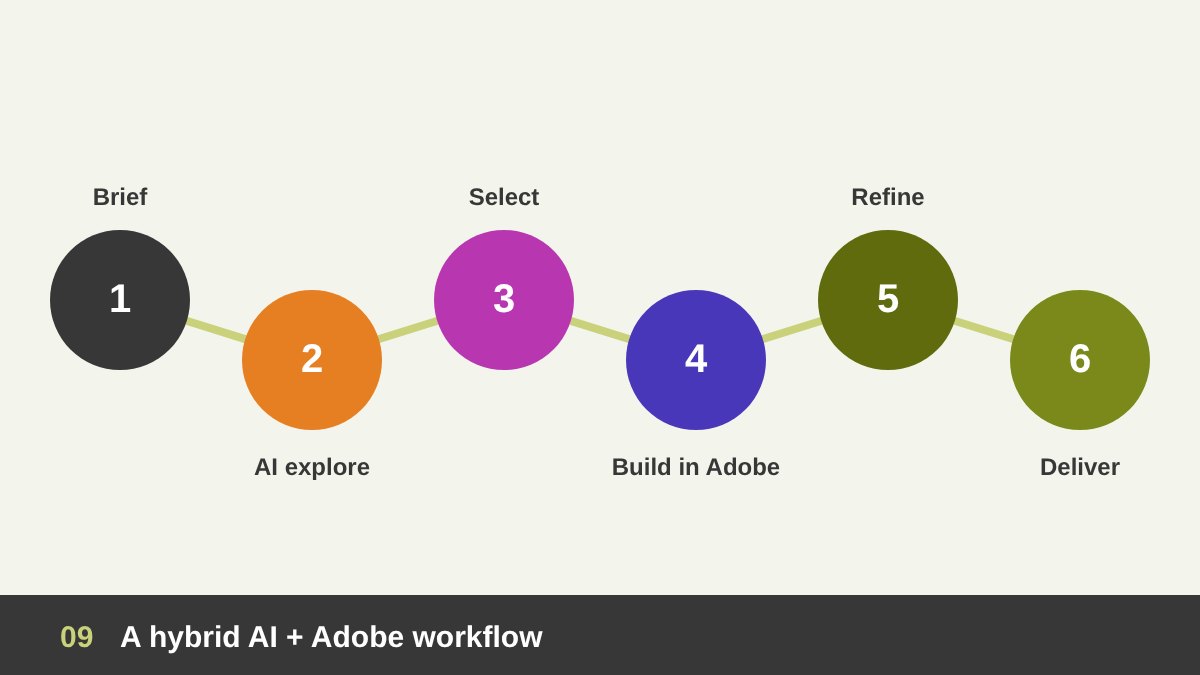Hybrid AI and Adobe design workflow: brief, AI exploration, sketch, build in Adobe, refine and deliver