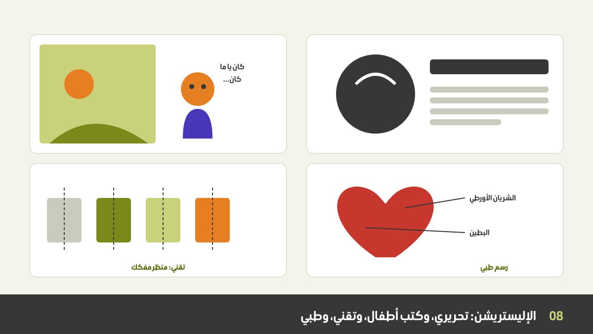 أنواع الإليستريشن: صفحتان من كتاب أطفال بشخصية، وإليستريشن تحريري، ورسم تقني مفكك لمنتج، ورسم طبي للقلب
