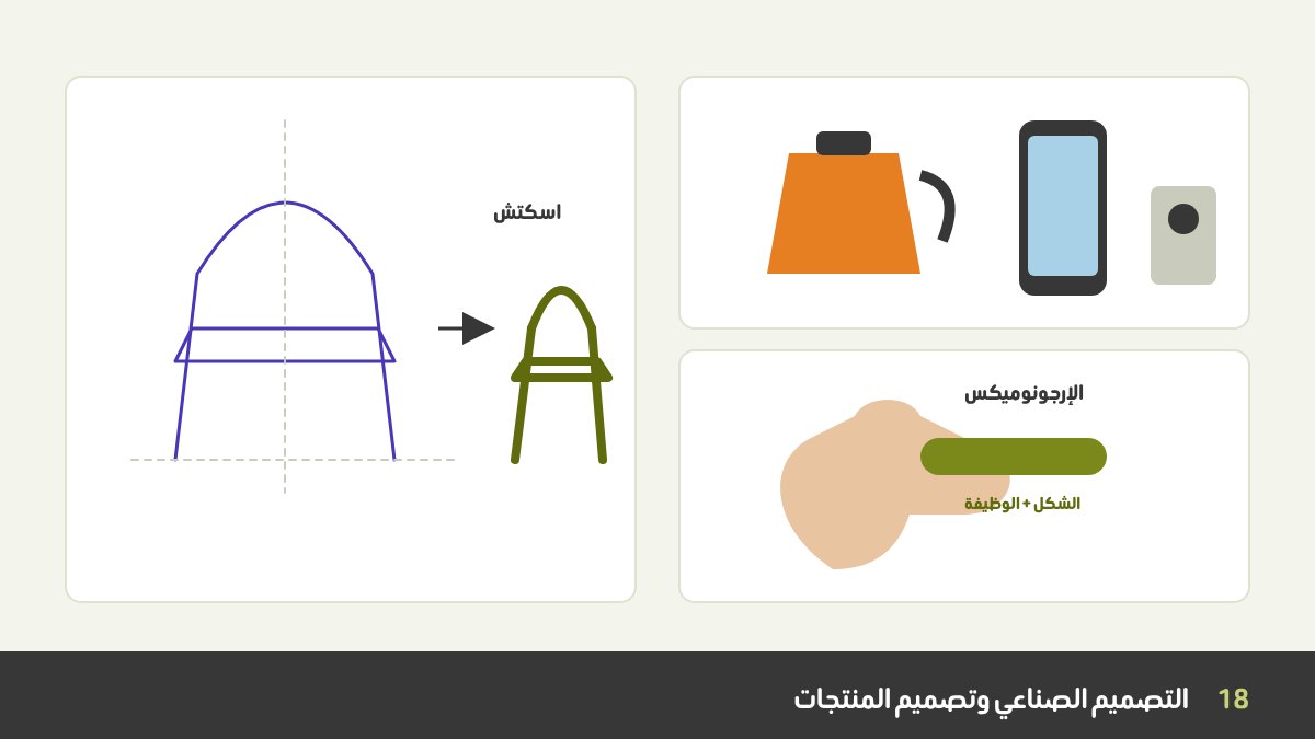 التصميم الصناعي: اسكتش كرسي بخطوط إنشائية بجوار الكرسي النهائي، وغلاية، وموبايل، ويد تمسك منتجاً مريحاً