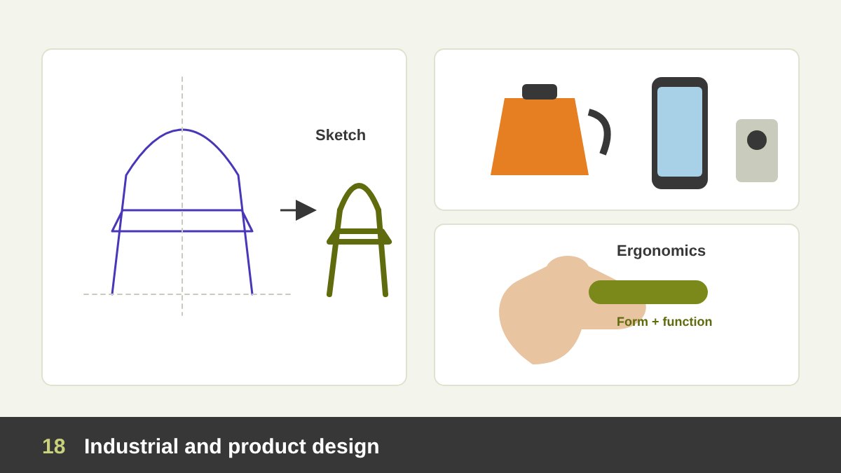 Industrial design: a sketch of a chair with construction lines next to the finished chair, a kettle, a phone and an ergonomic hand holding a product