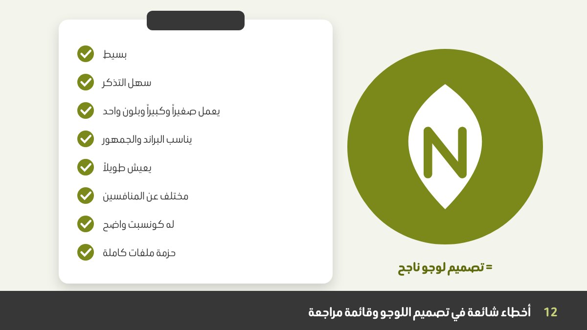 قائمة مراجعة تصميم اللوجو الناجح: بسيط، سهل التذكر، مرن، مناسب، يعيش طويلاً، مميز، له كونسبت، وحزمة ملفات كاملة