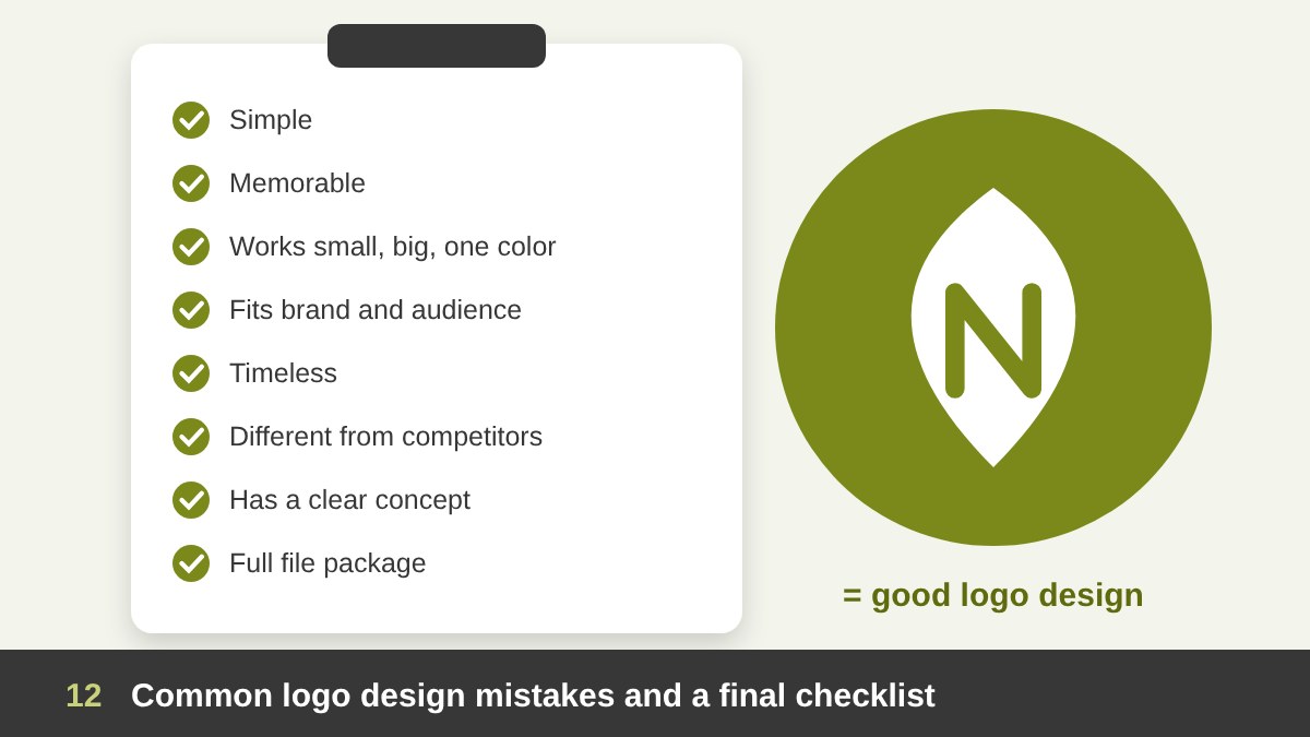 Good logo design checklist: simple, memorable, versatile, appropriate, timeless, distinctive, concept and full file package