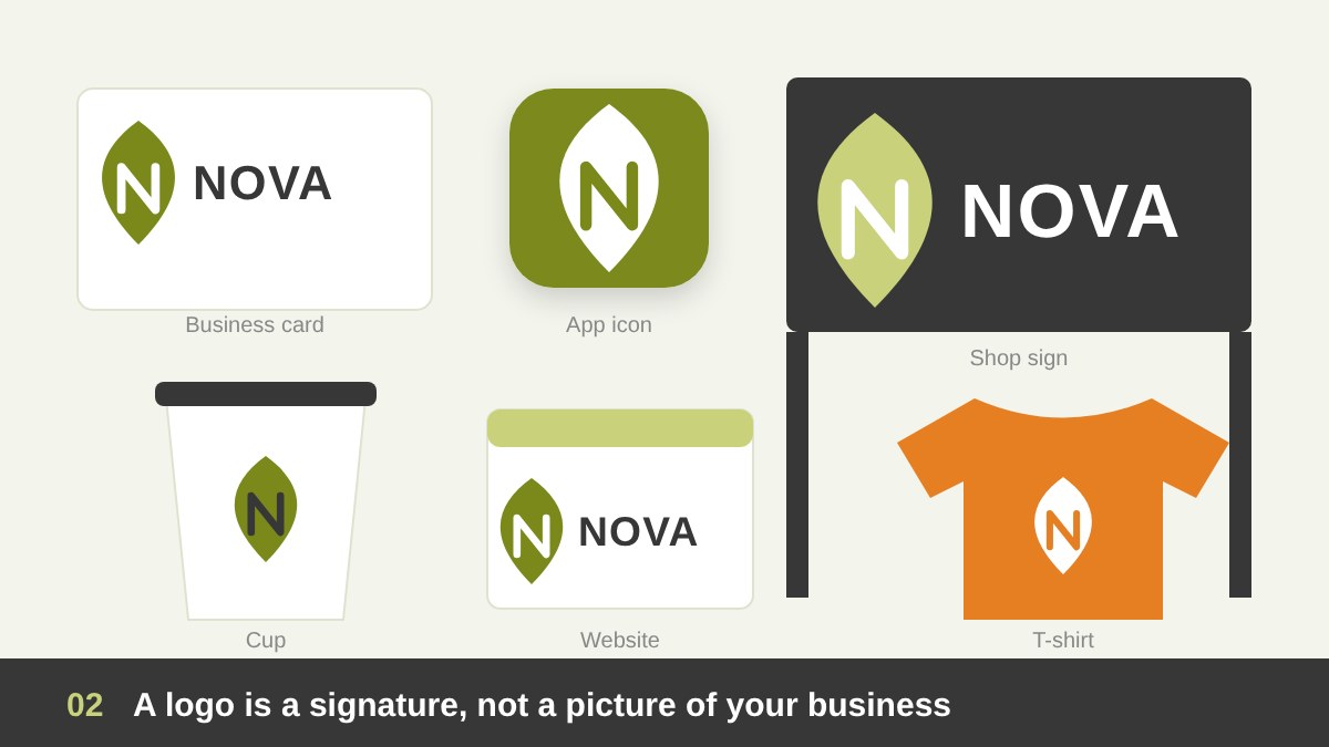 A logo works like a signature: the same simple mark on a business card, an app icon, a shop sign and a coffee cup