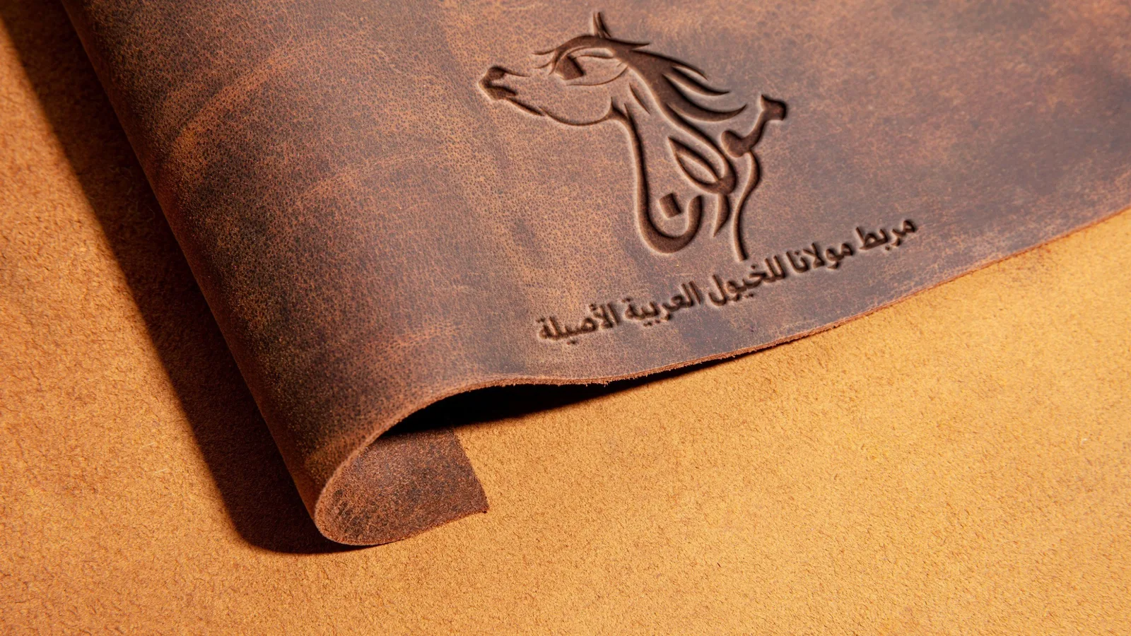 Maulana Stud logo design: Mockup, embossed leather