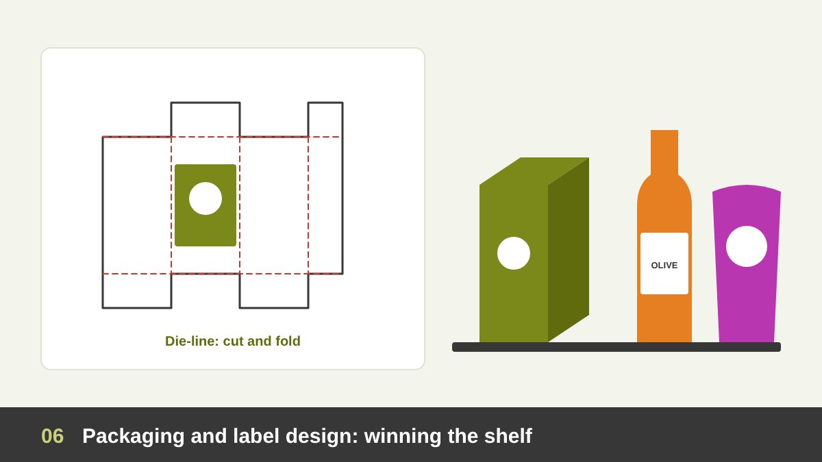 Product packaging on a shelf: a box with its flat die-line unfolded next to it, a bottle with a label and a pouch, with fold and cut lines
