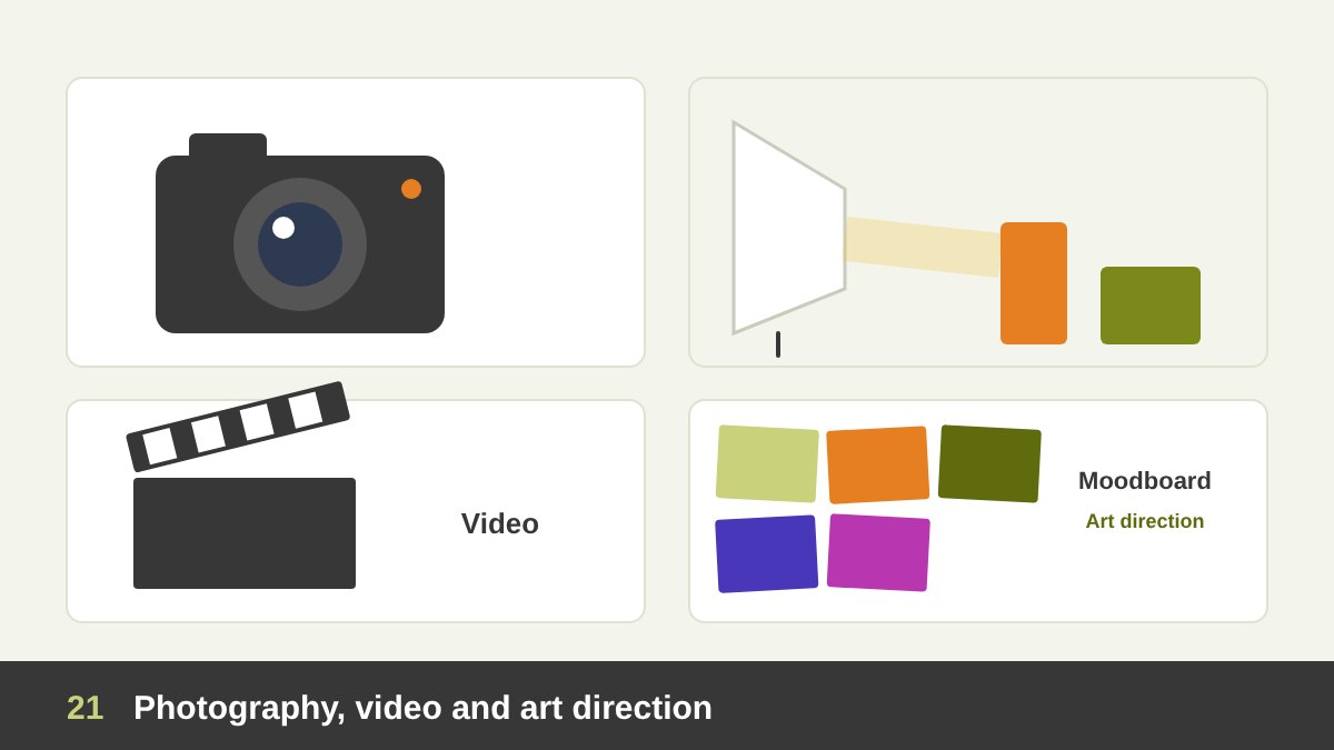 A camera, a photo studio with a softbox lighting a product, a video clapperboard and an art director’s moodboard with notes