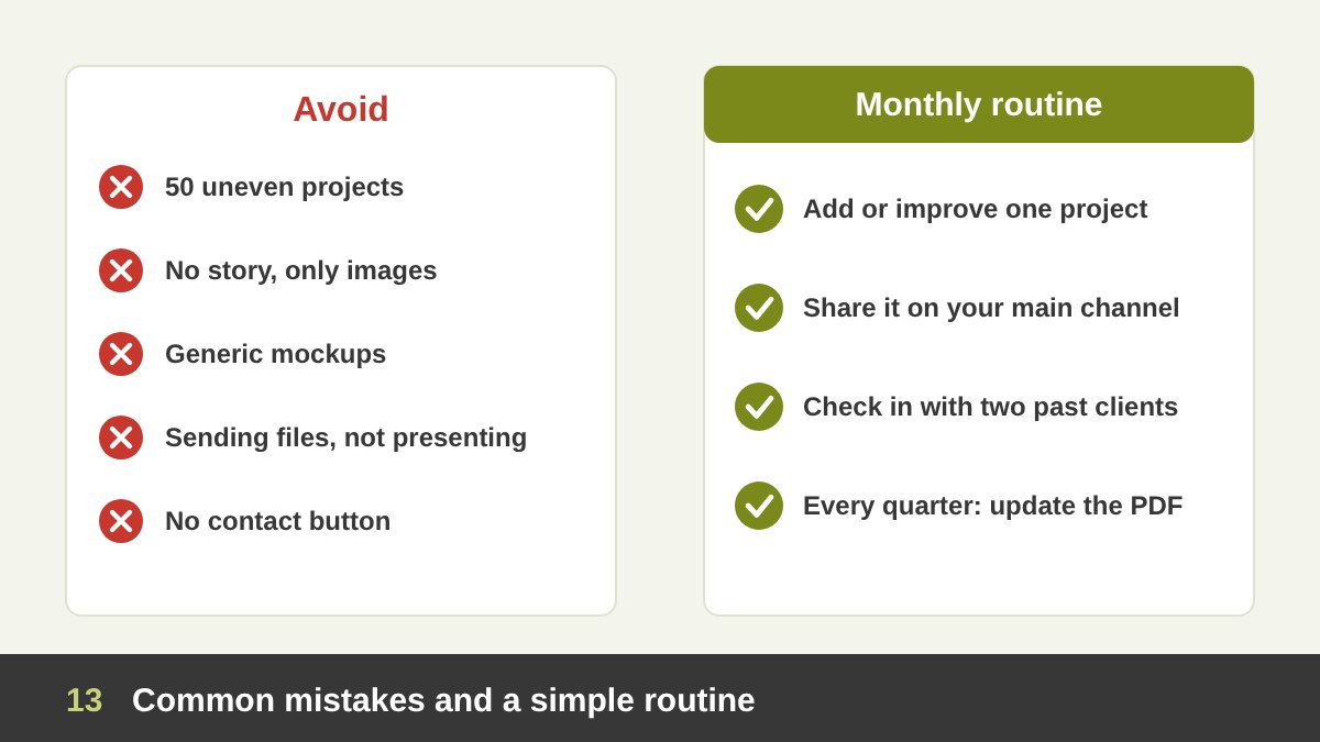 Portfolio mistakes and a routine: crossed-out items such as too many projects and no context, next to a monthly calendar with update, post and follow-up tasks ticked