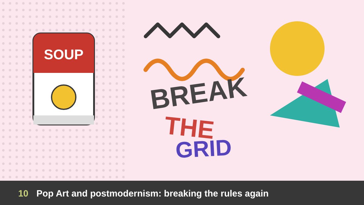 Postmodern design: a pop art soup can, Memphis-style squiggles, dots and zigzags and a broken, overlapping typographic layout