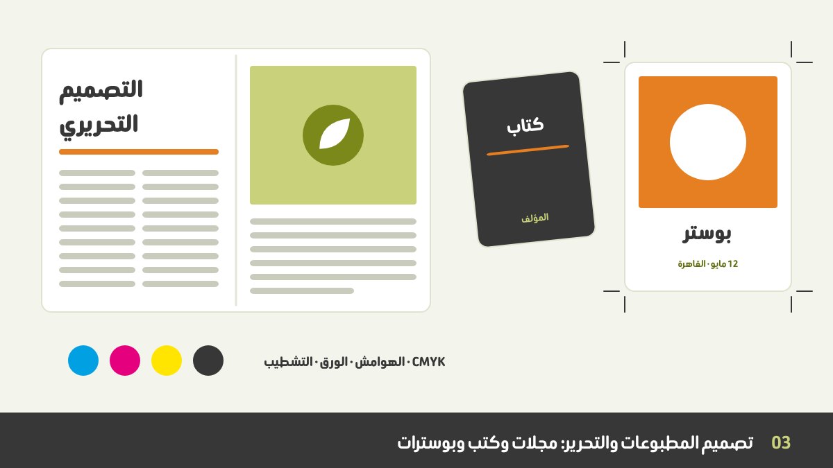 صفحتا مجلة مطبوعة بعنوان كبير وأعمدة نص وصورة، بجوار غلاف كتاب وجريدة وبوستر، مع علامات القص ونقاط ألوان CMYK