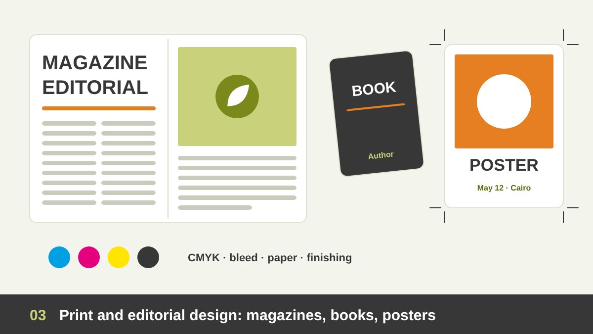 A printed magazine spread with a large headline, columns of text and a photo, next to a book cover, a newspaper and a poster, with crop marks and CMYK colour dots