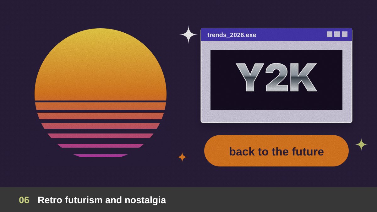 Retro futurism design trend 2026: chrome type, Y2K stars, grainy gradients and vintage computer window