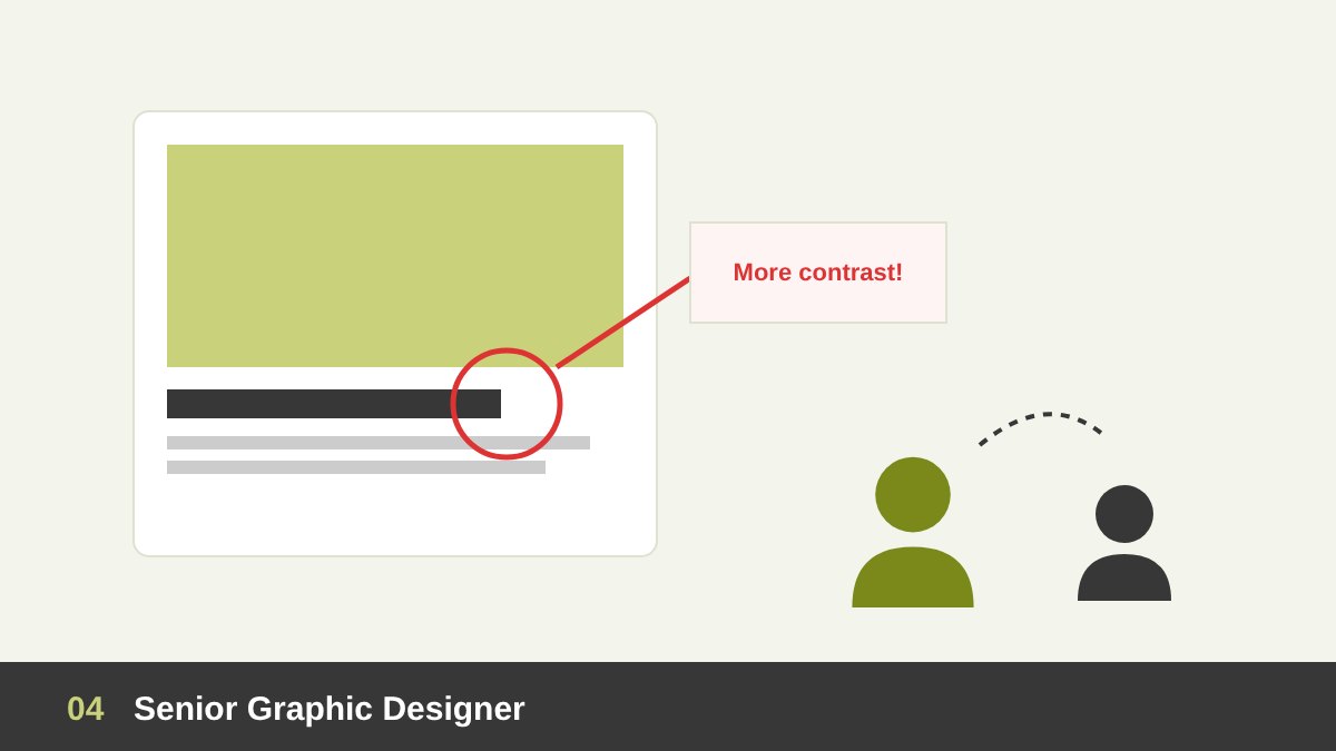 Senior graphic designer reviewing a layout with feedback notes and mentoring a junior designer
