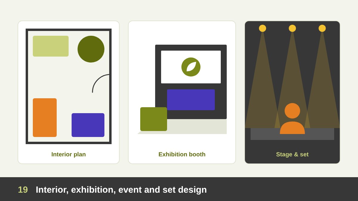 Spatial design: an interior room plan with furniture, an exhibition booth with a back wall graphic and screen, and a stage set with lights