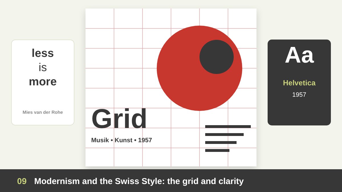 Swiss Style modernist poster: a strict typographic grid, a large sans-serif headline, a circle and asymmetric text columns