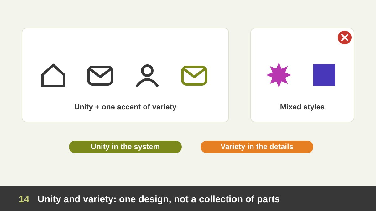 A set of icons that clearly belong together with the same stroke and corner style, next to one icon in a different style marked with a cross, and a small accent shape adding variety