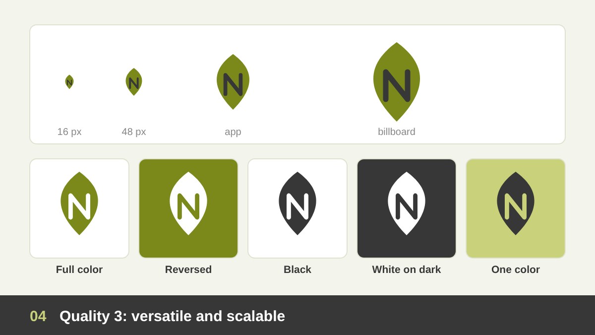Versatile scalable logo: the same mark at favicon, app icon and billboard sizes, plus full color, one color, black and reversed versions