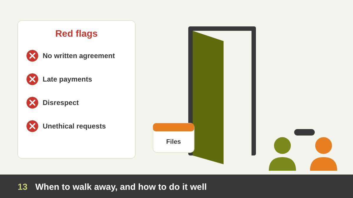 A designer closing a project folder and shaking hands at an open door, with a list of red flags crossed out on the wall behind